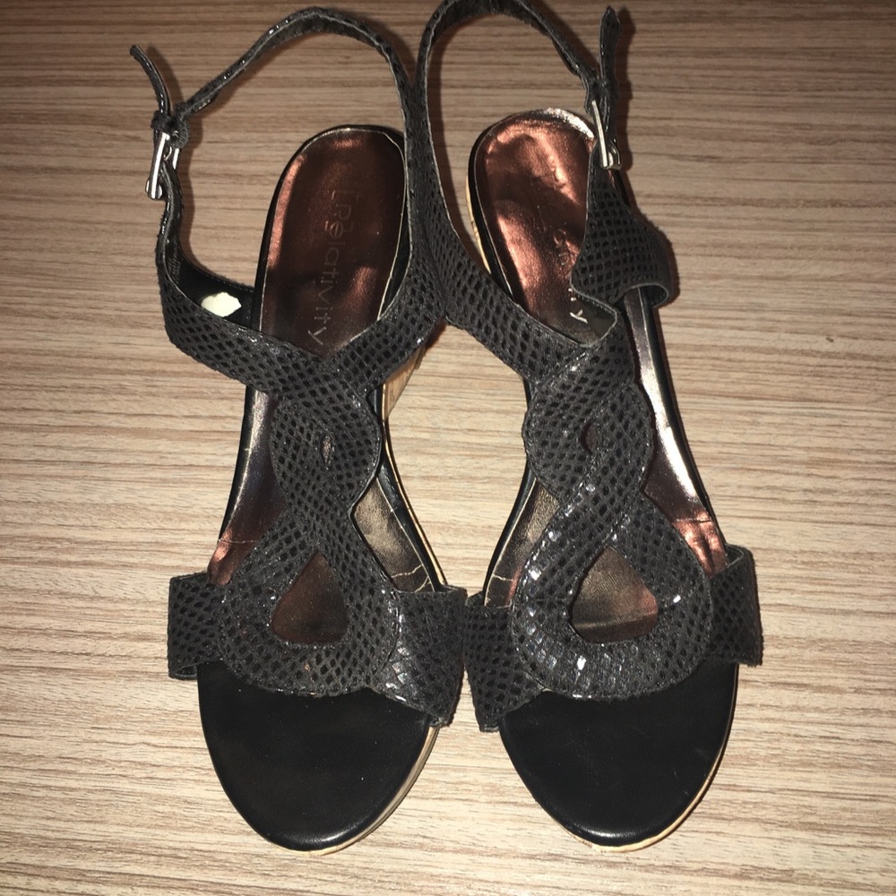 Relativity Black Metallic Wedge Sandal Size 8.5